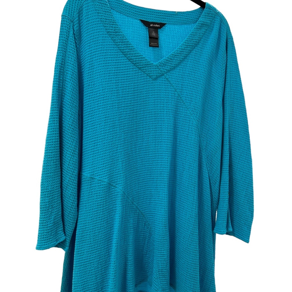 Ali Miles Waffle Texture Cotton Turquoise Tunic, 3/4 Sleeves, 1X
